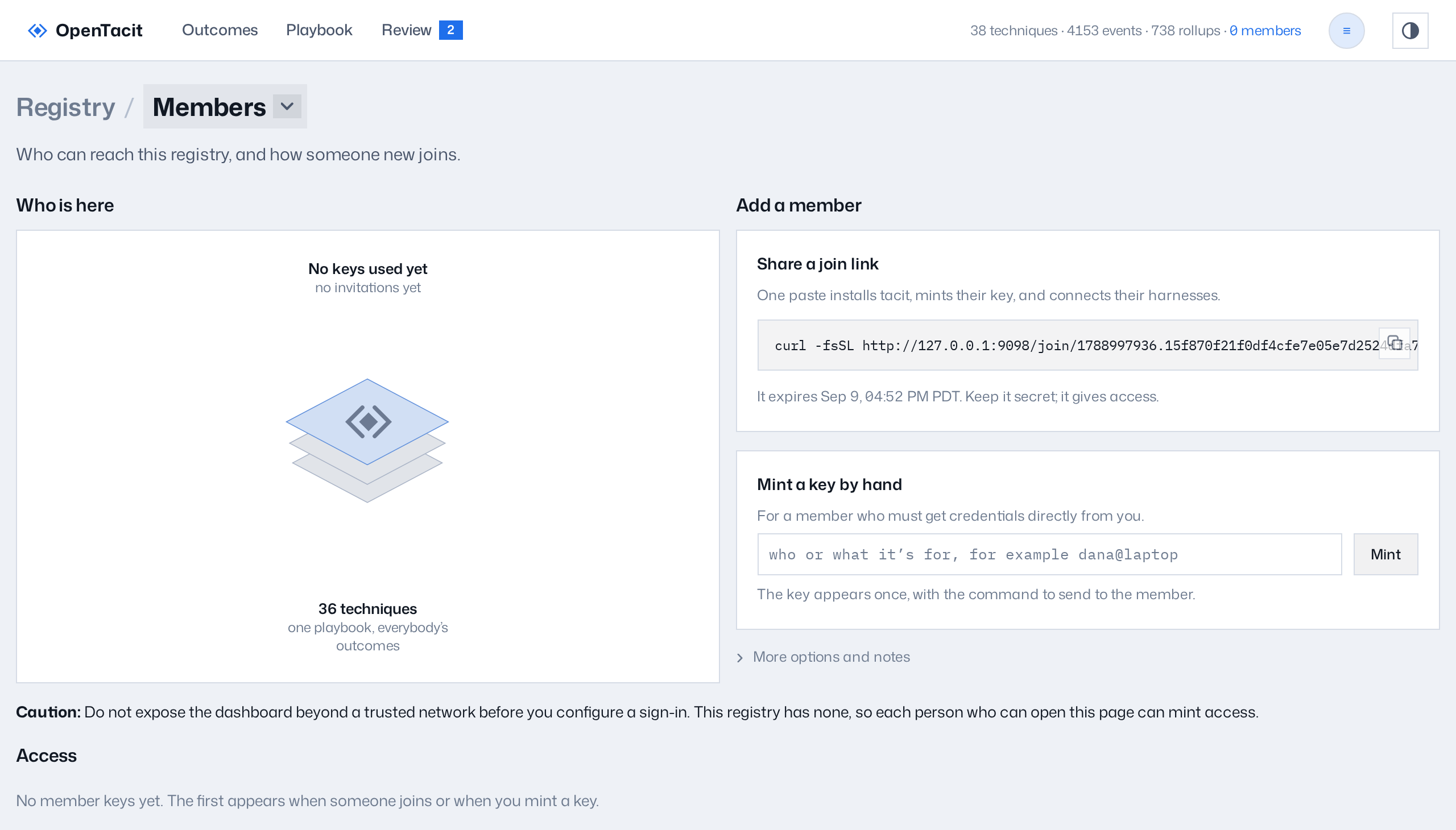 The Members page shows the join-link card and the mint-a-key card, with the caution that appears when sign-in is not configured