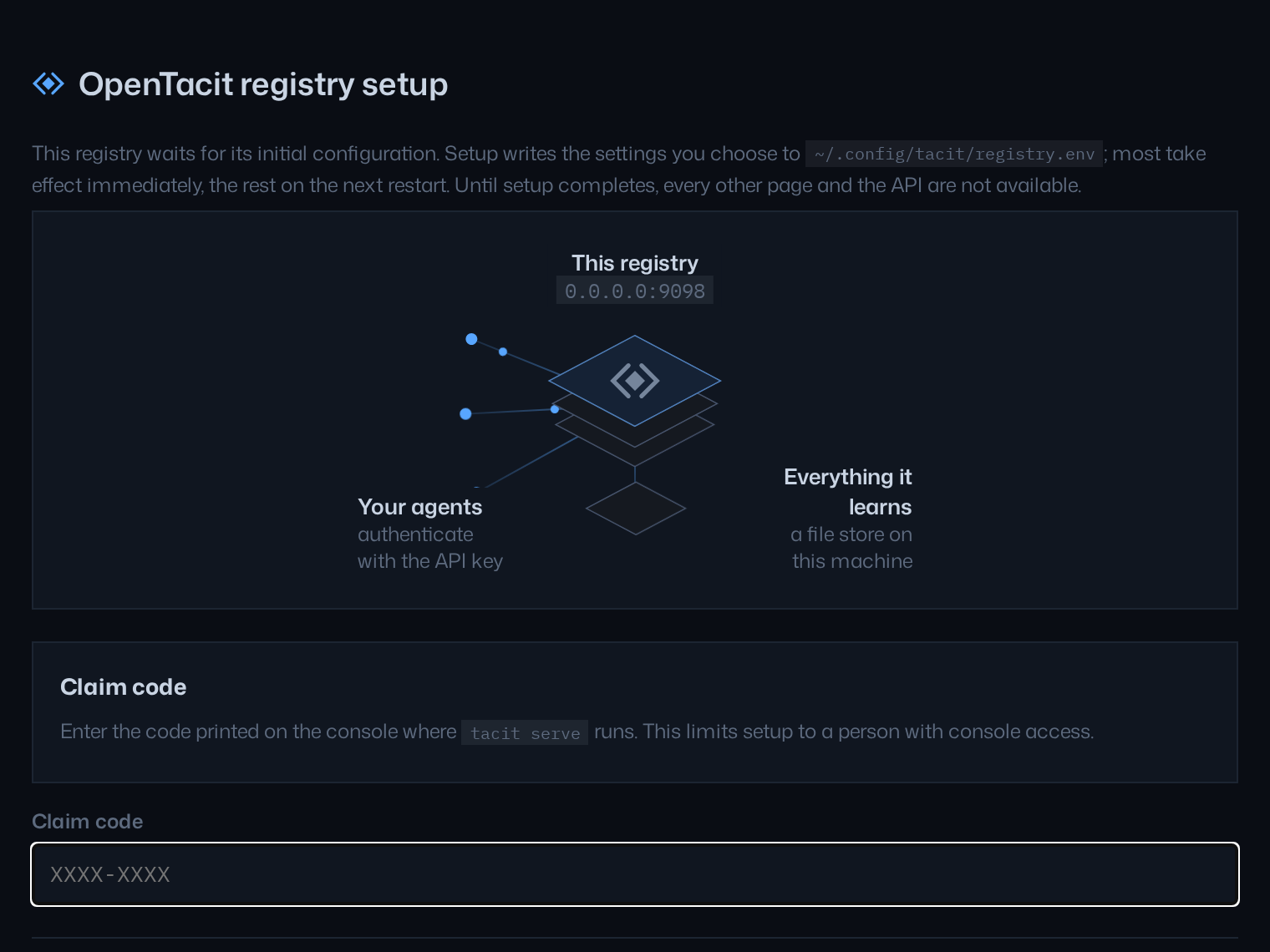 The first-run setup form: a claim code field, an Advanced settings disclosure, and the button that configures the registry