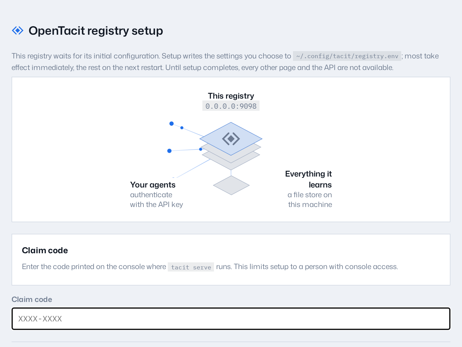 The first-run setup form: a claim code field, an Advanced settings disclosure, and the button that configures the registry