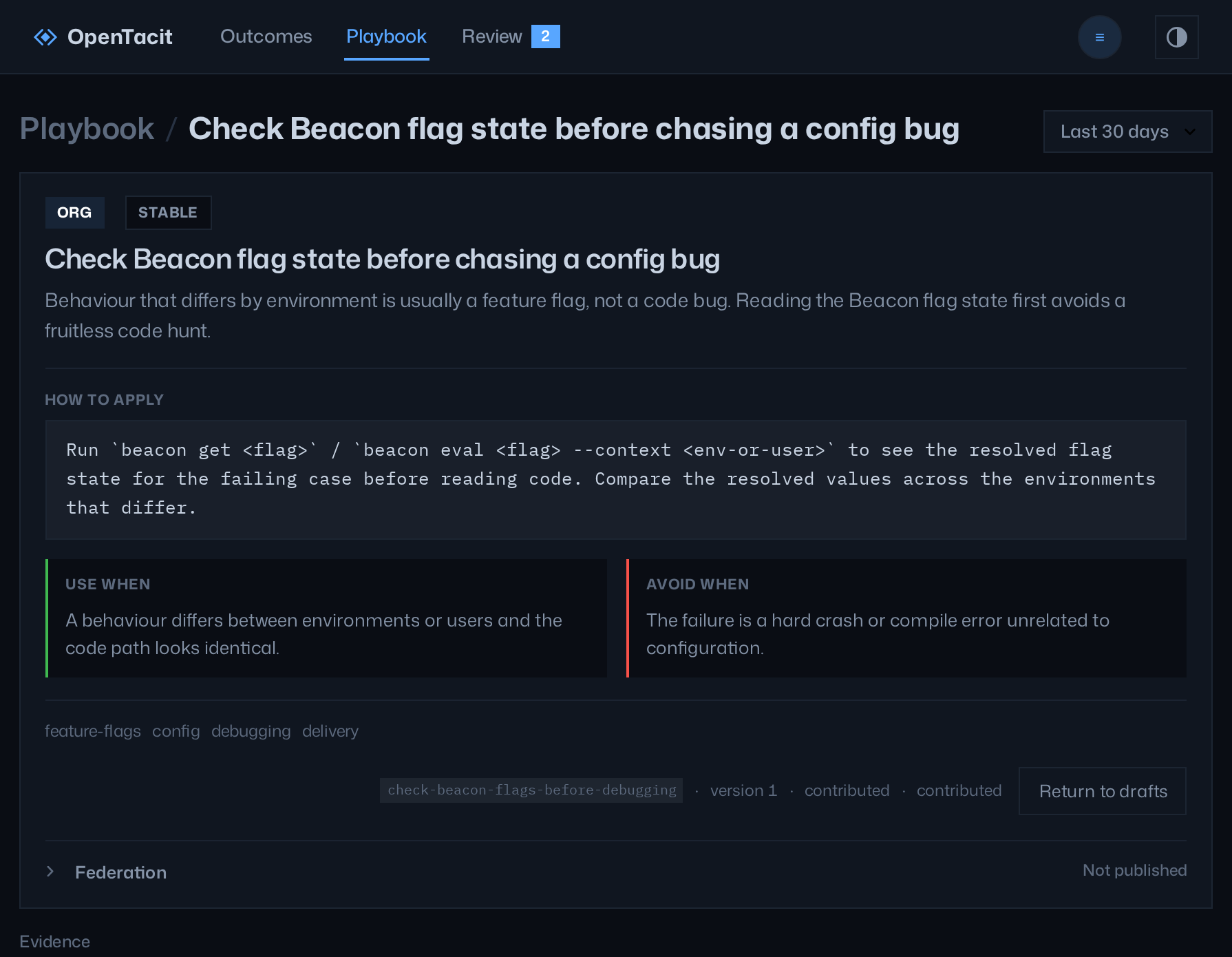 The page of a technique shows its description, the steps to apply it, when to use it, when not to use it, its tags, and the federation row below